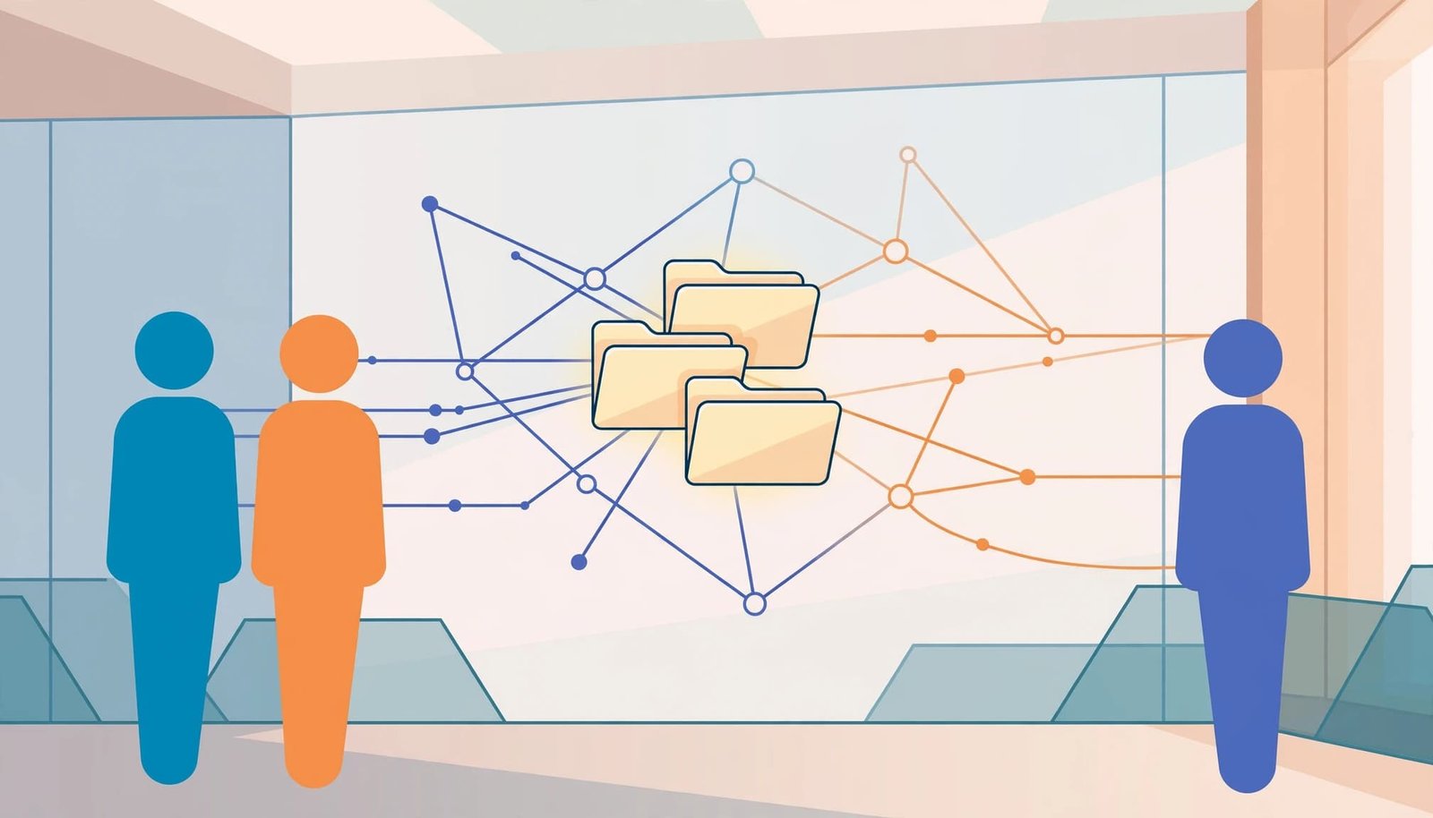 Three sales representatives view shared customer folders connected by colored pathways.
