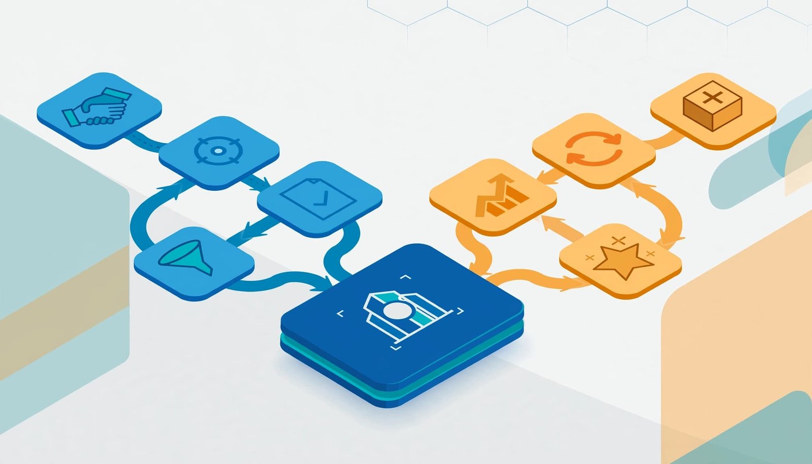 A central customer card connects to two separate sales pipeline paths.