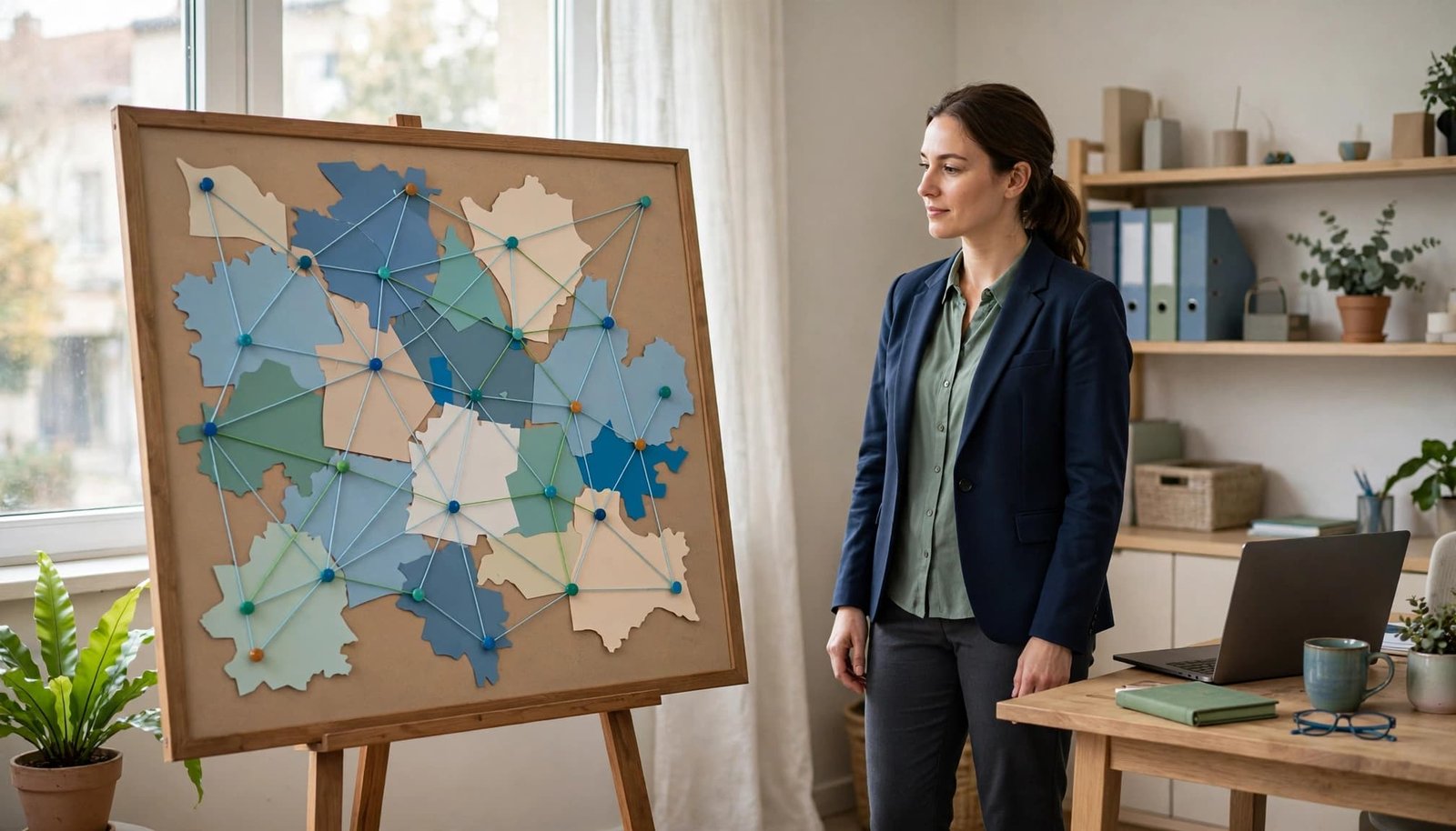 An administrator stands beside a colorful territory map on a planning board.