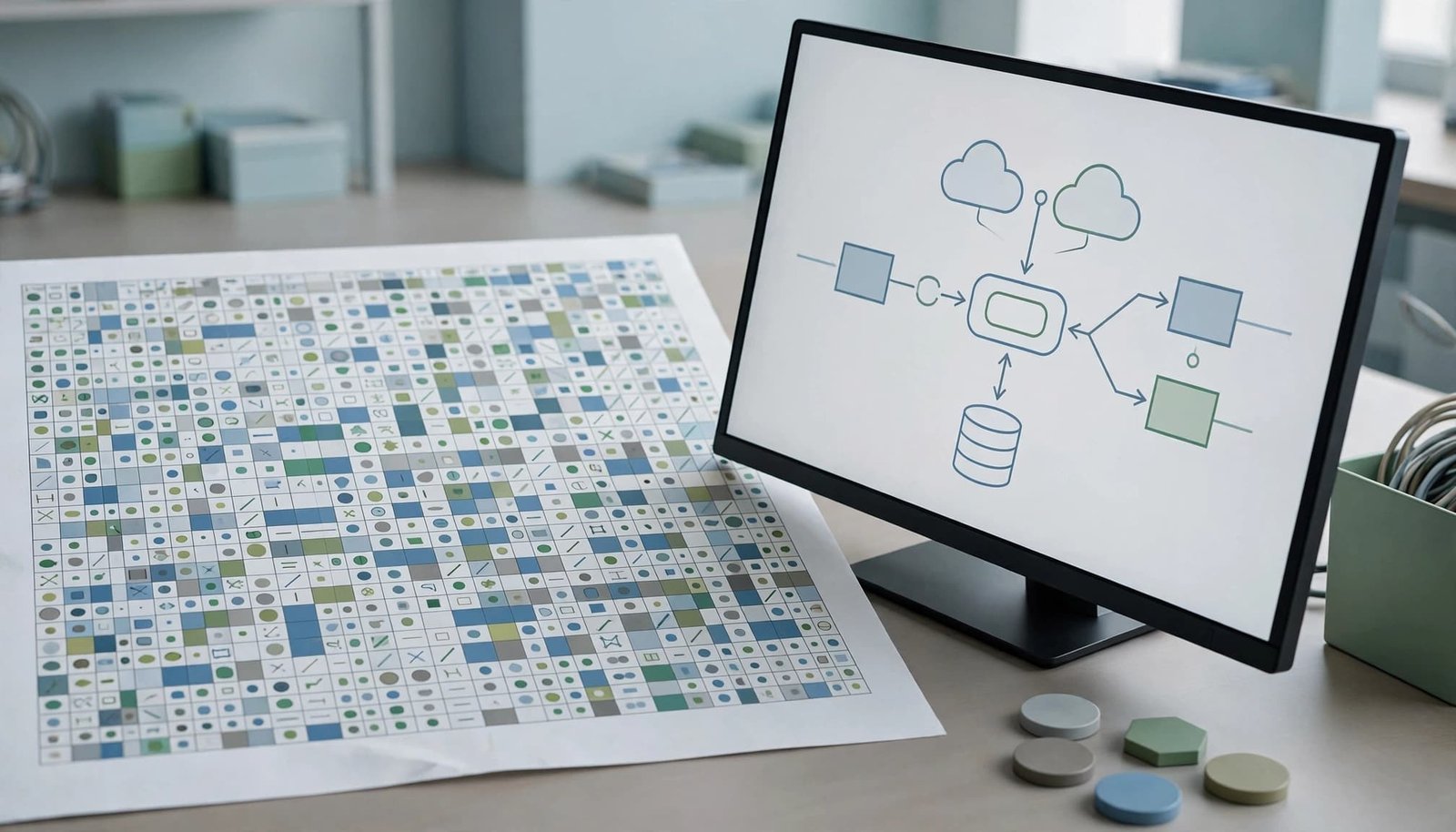 An API diagram and colored test matrix sit beside tokens on a lab table.