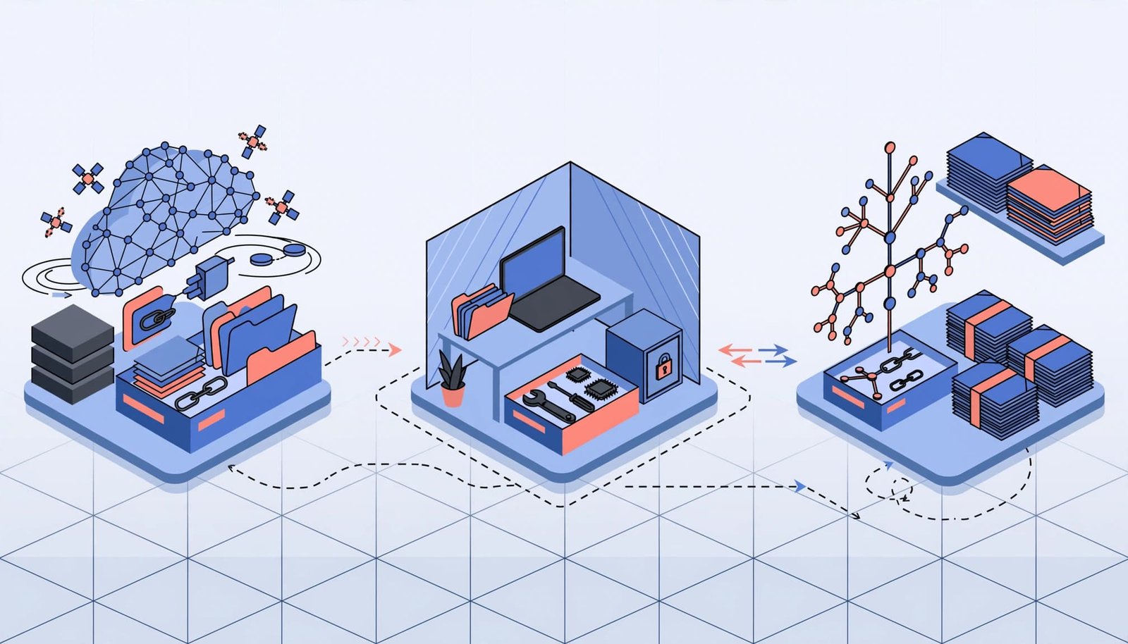 An isometric illustration showing three connected zones representing API testing workflows with tools and files.