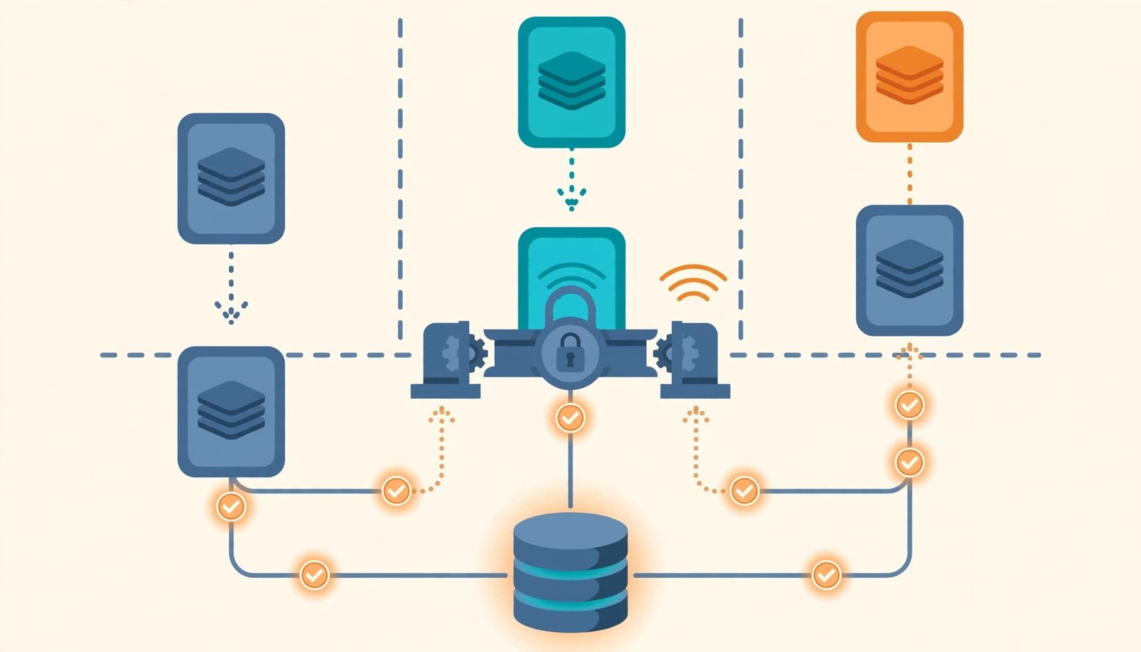 A flat vector technical illustration showing a central lock gate connecting request packets and databases.