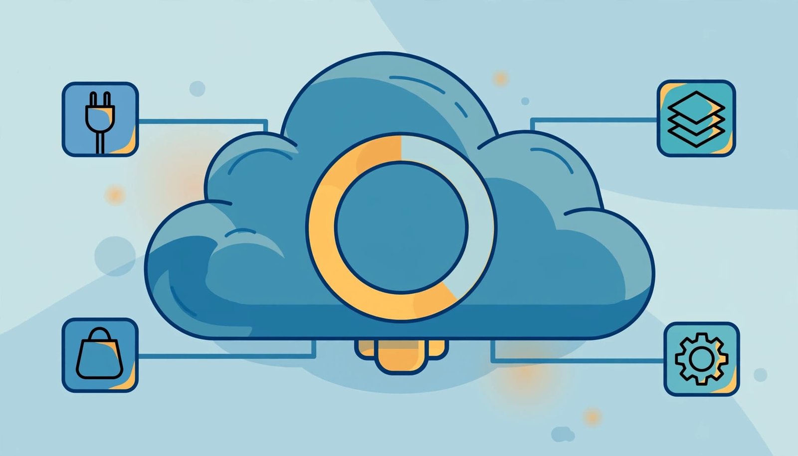 A vector illustration of a central blue cloud with a circular yellow usage gauge and four connected icon nodes.