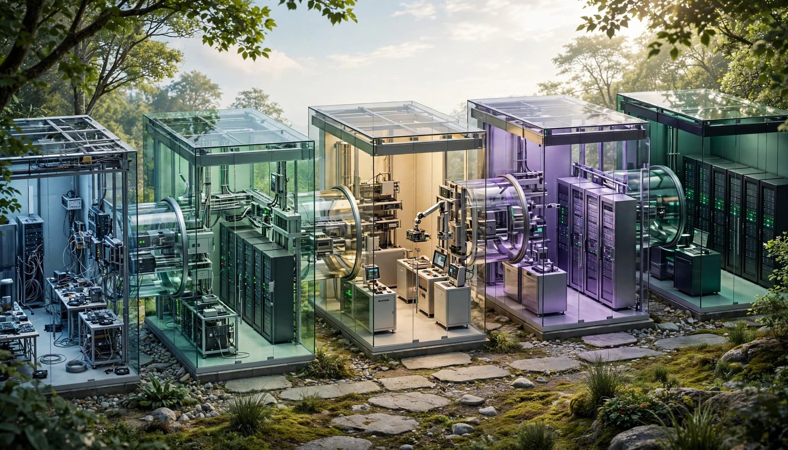 Five connected glass rooms progress from development to production.