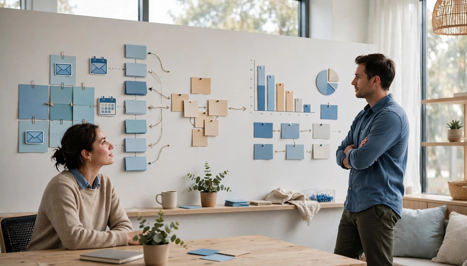 Two coworkers review a visual CRM workflow map and dashboard.