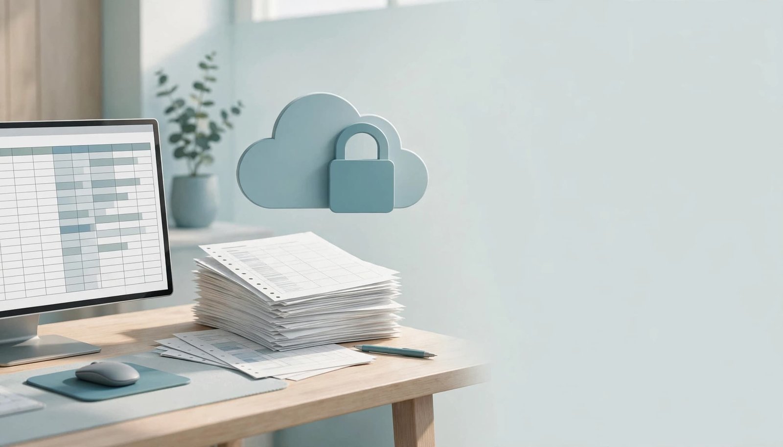 A spreadsheet on a computer sits beside printed customer records and a cloud icon.