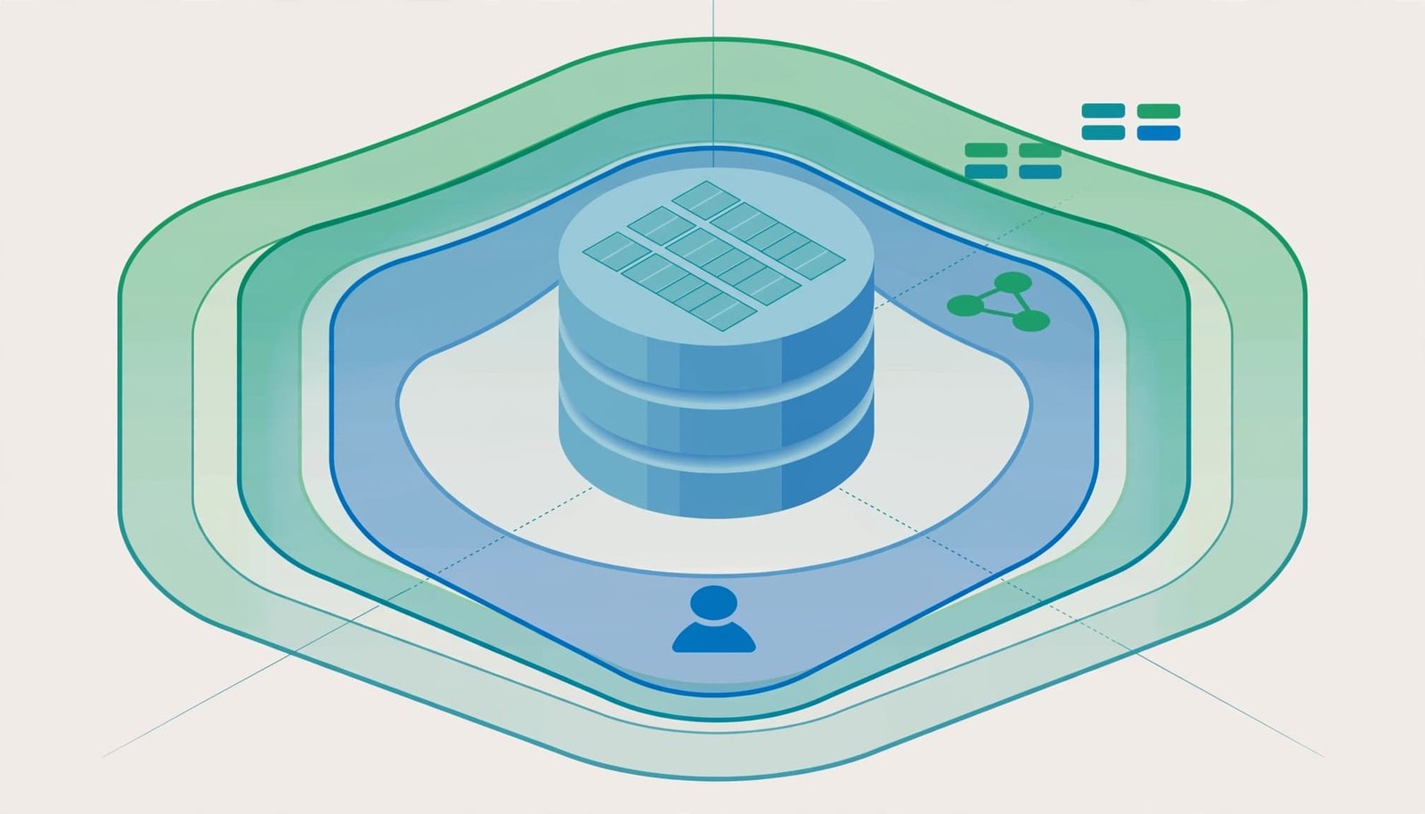 An isometric vector diagram showing a database surrounded by concentric blue and green security layers.