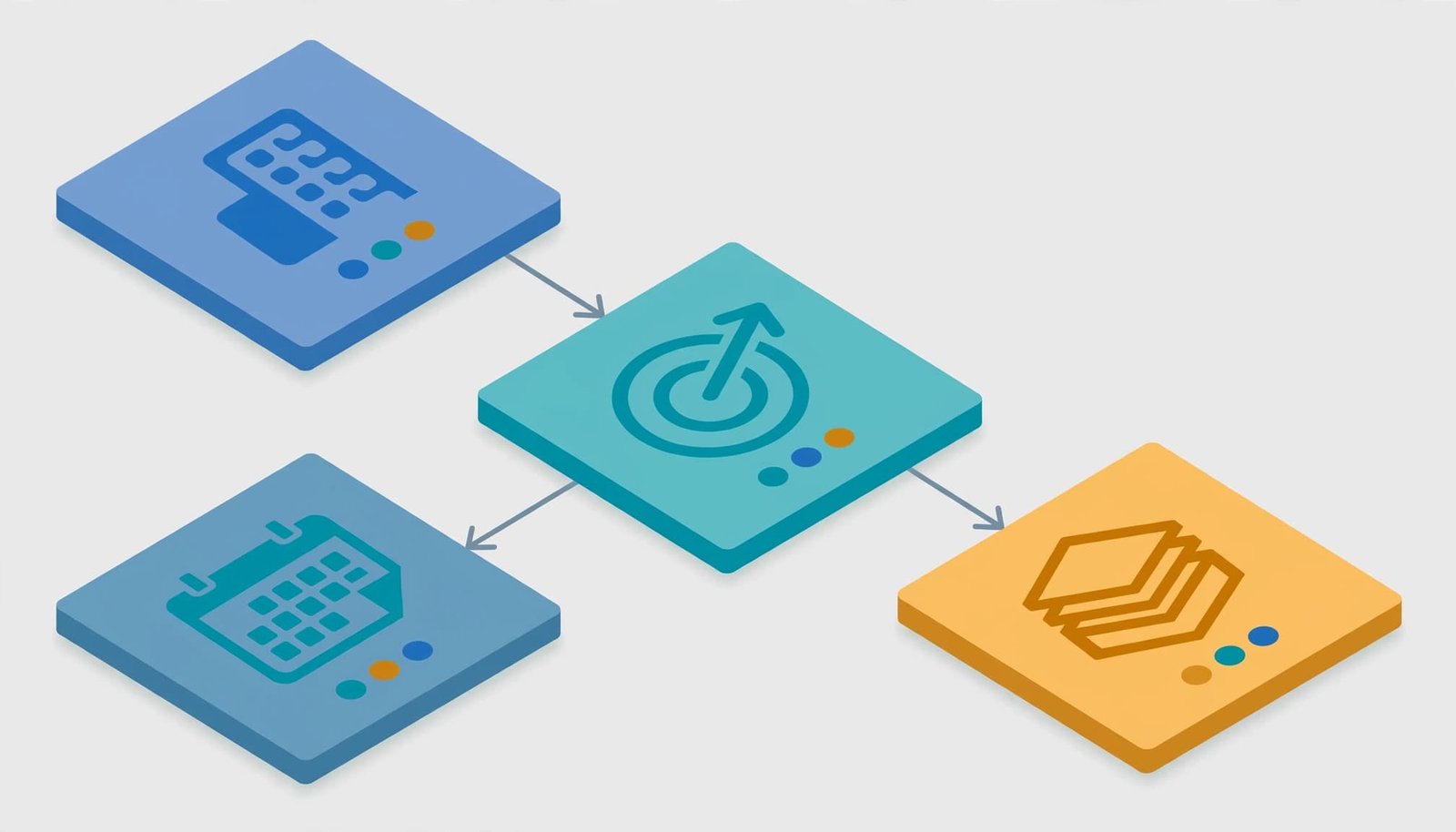 Isometric vector illustration of four connected data cards with icons on a light background.