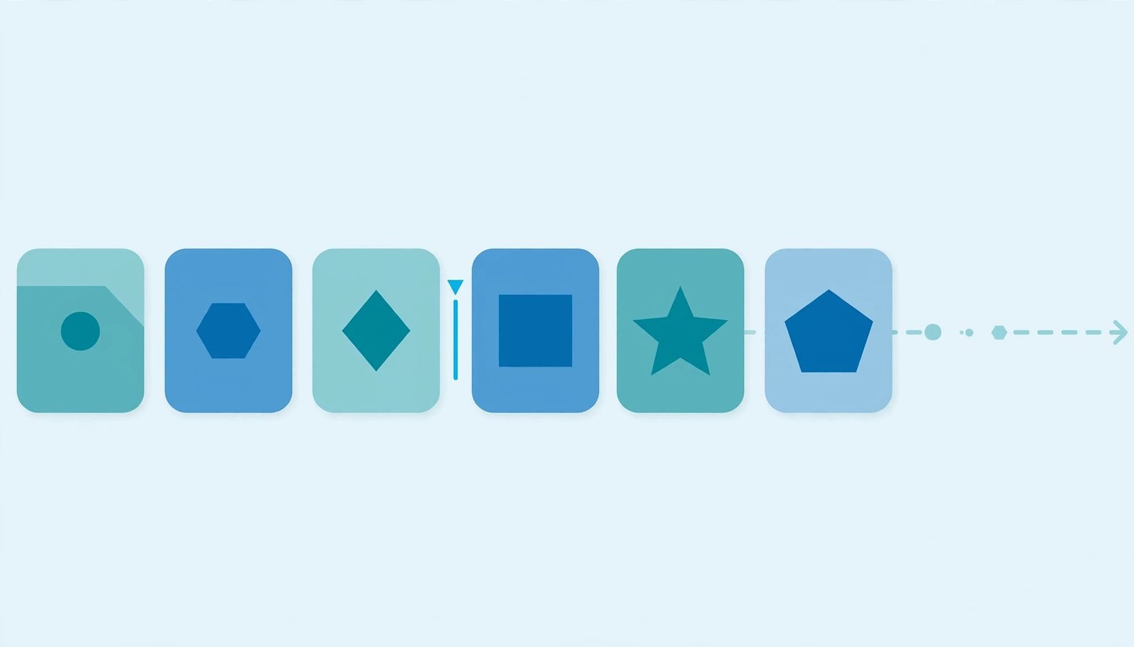 A horizontal sequence of blue and teal database record tiles with geometric shapes and a cursor marker.