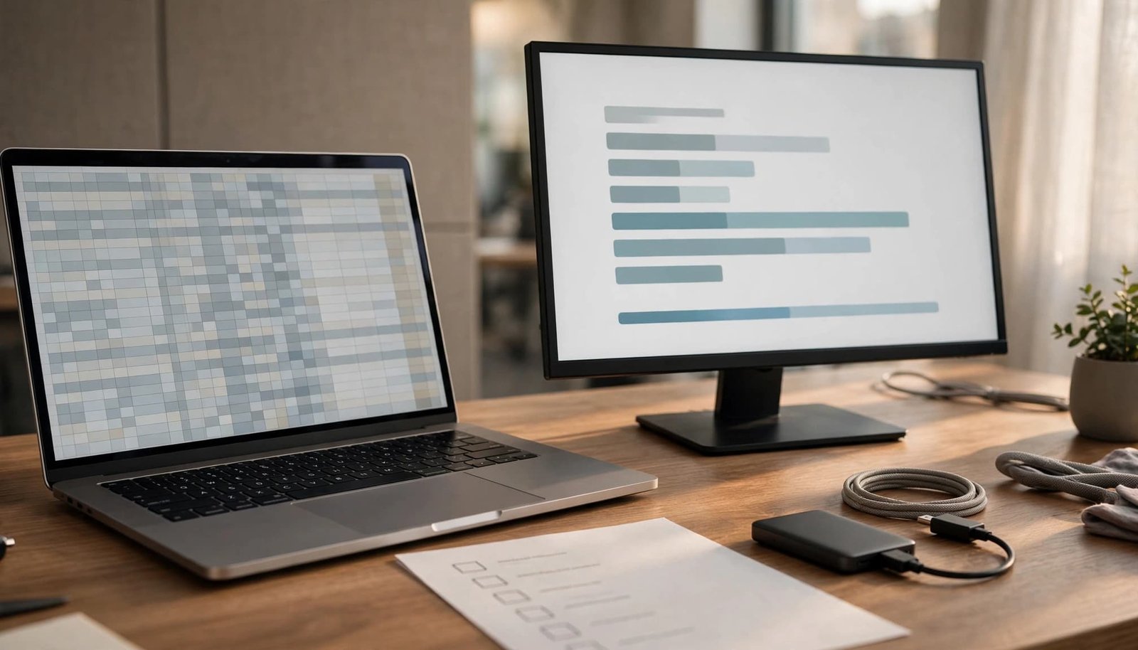 Two screens, a blank checklist, and an external drive sit on a tidy office desk.