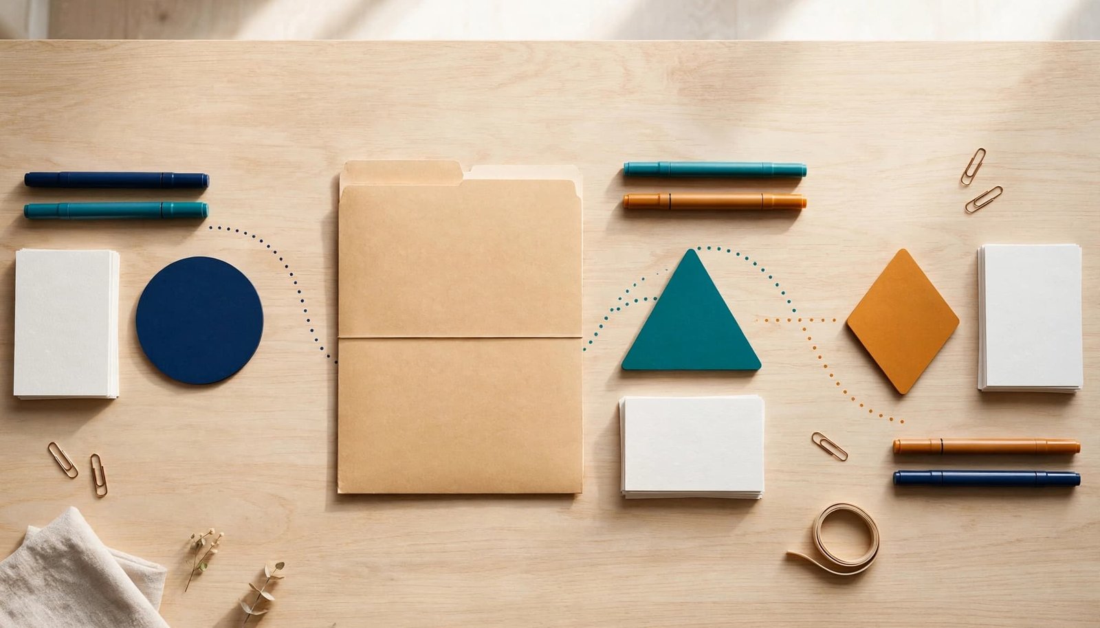 A contract folder arranged with three colored approval stations on a sunlit table.