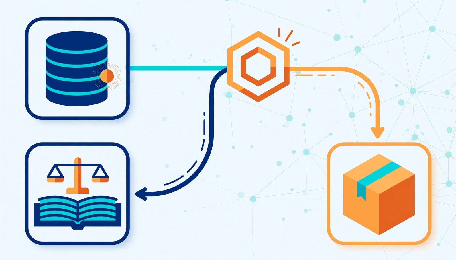 An abstract workflow diagram with icons for a database, a ledger, and a shipping box connected by lines.