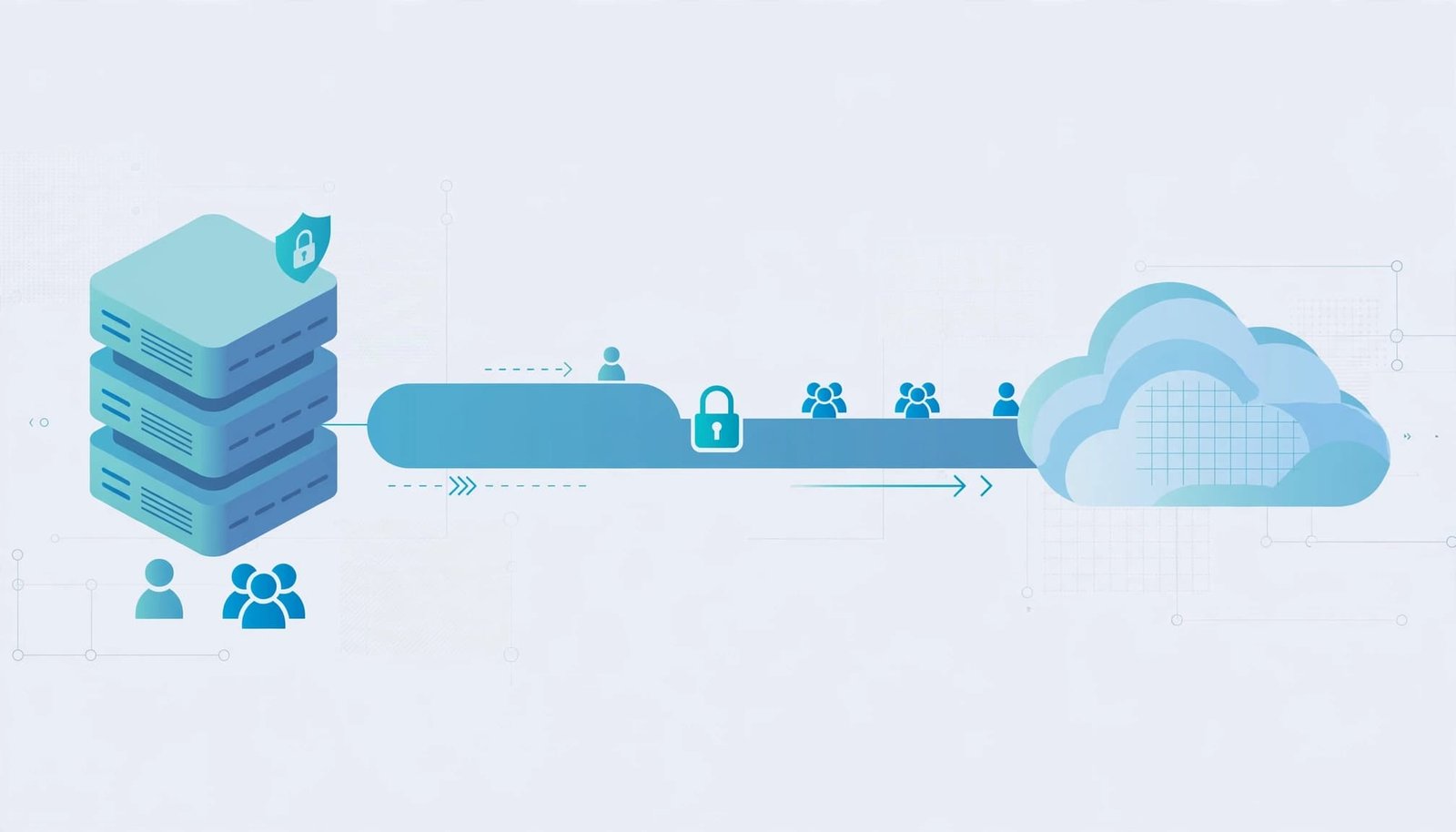 A server stack connects to a cloud application, with user and group icons between them.