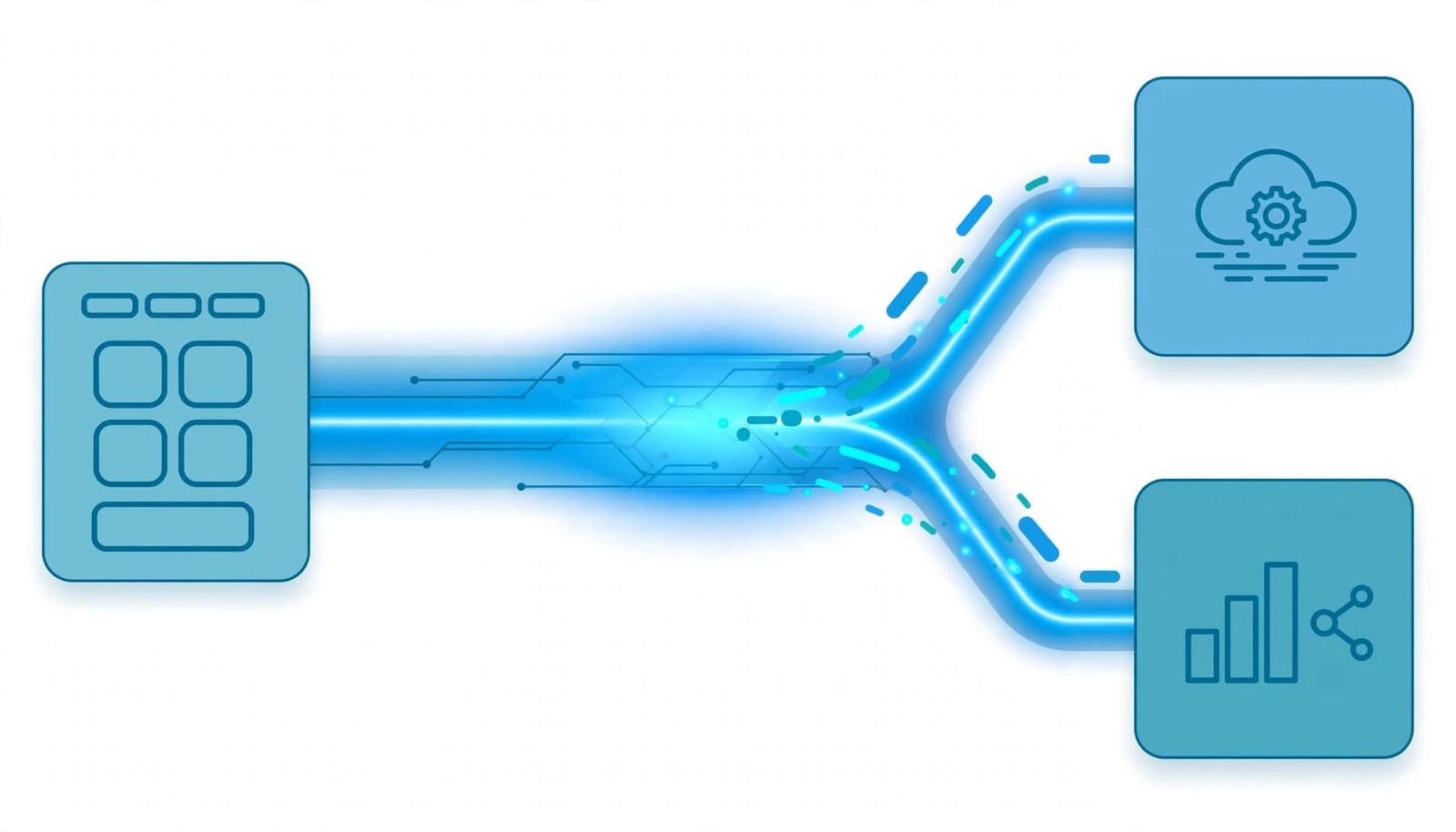 A technical illustration showing a glowing blue event bus connecting a CRM system to two external SaaS services.