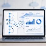 A laptop shows a CRM activity timeline feeding into report charts.