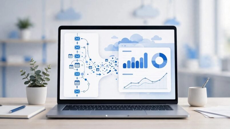 A laptop shows a CRM activity timeline feeding into report charts.
