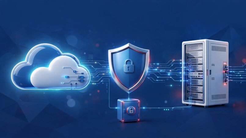 A blue cloud connects to a server, with a shielded credential vault between them.