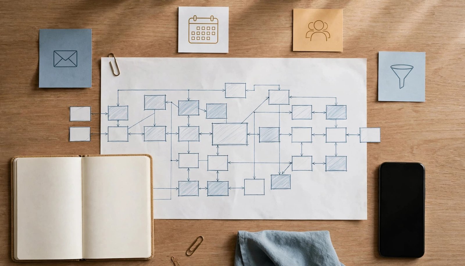 A paper CRM map, small cards, blank notebook, and face-down phone on a wooden desk.