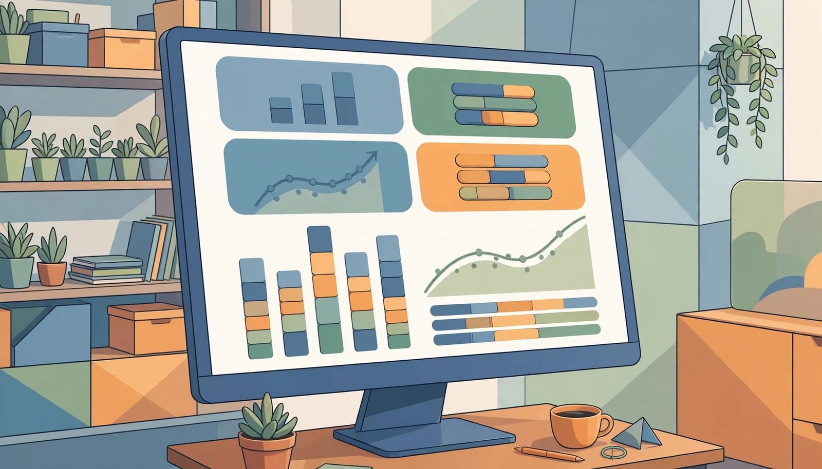 An illustration of a computer monitor displaying abstract revenue charts on a desk.