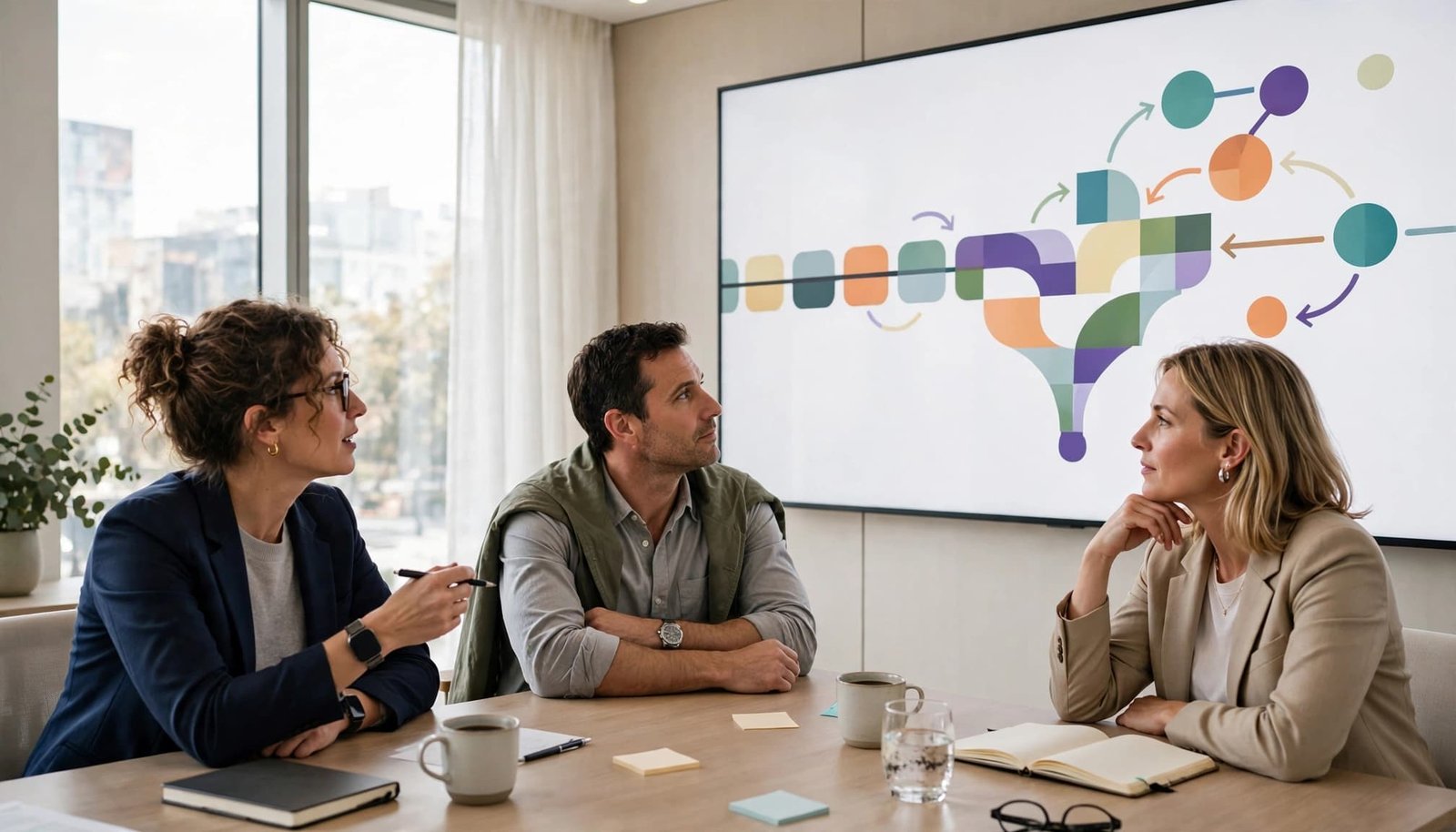 Three colleagues review a colorful pipeline chart in a bright conference room.