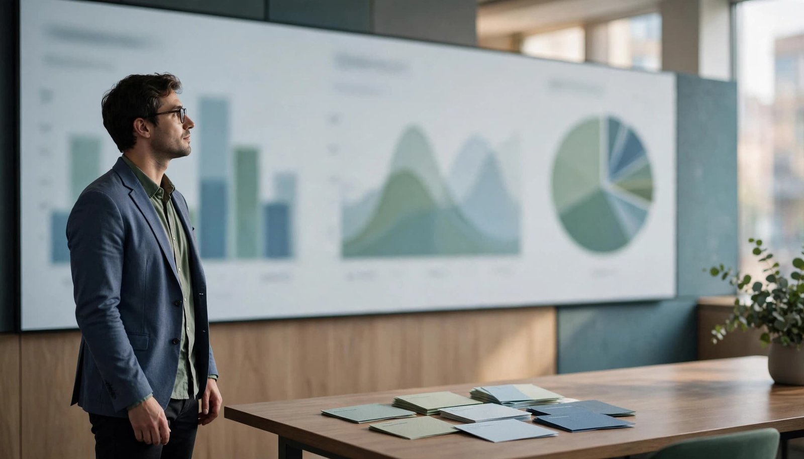 One analyst reviews abstract charts beside deal cards on a table.