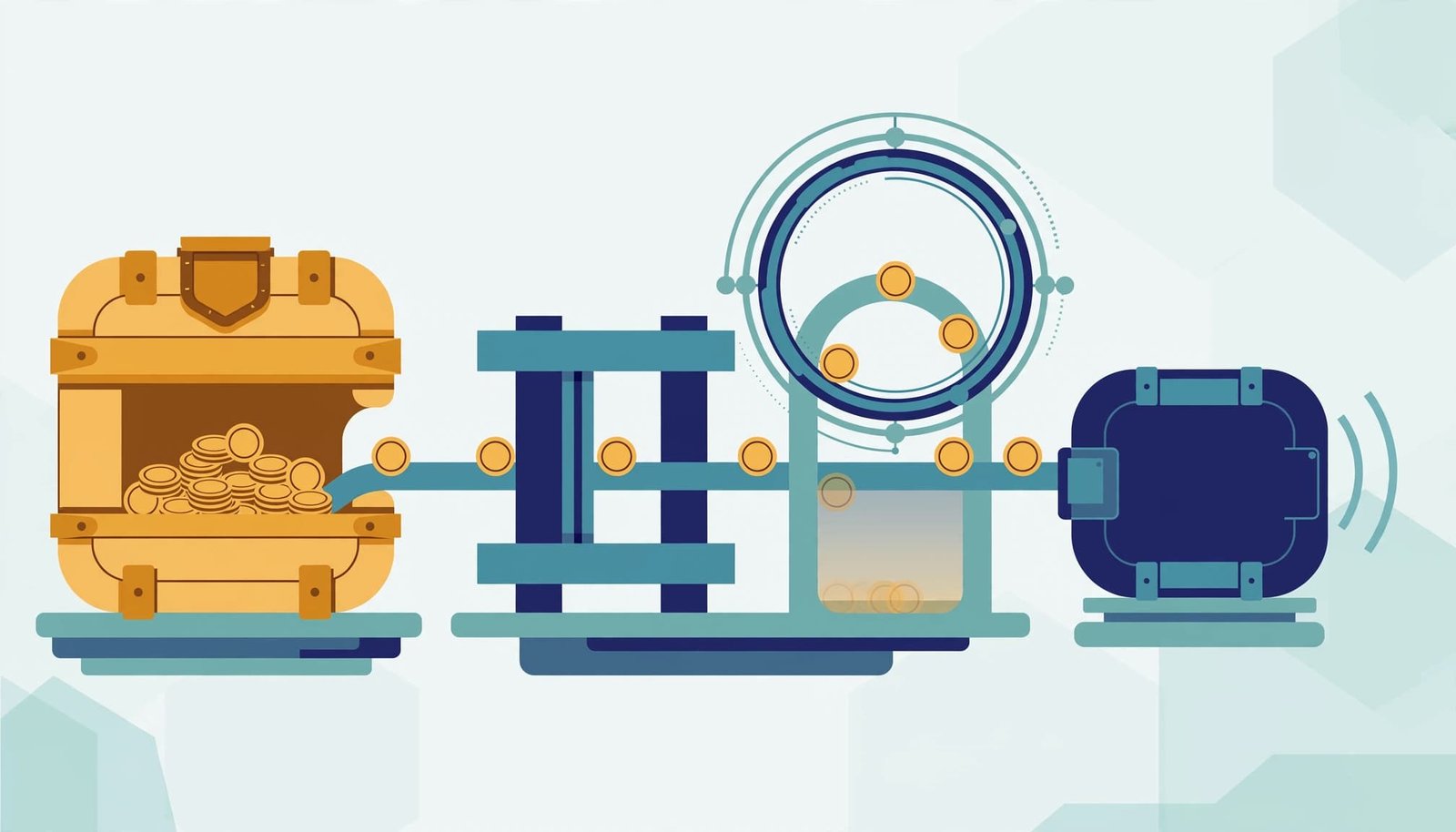 A vector illustration showing a gold container of coins connected to a blue endpoint by pipes and filters.