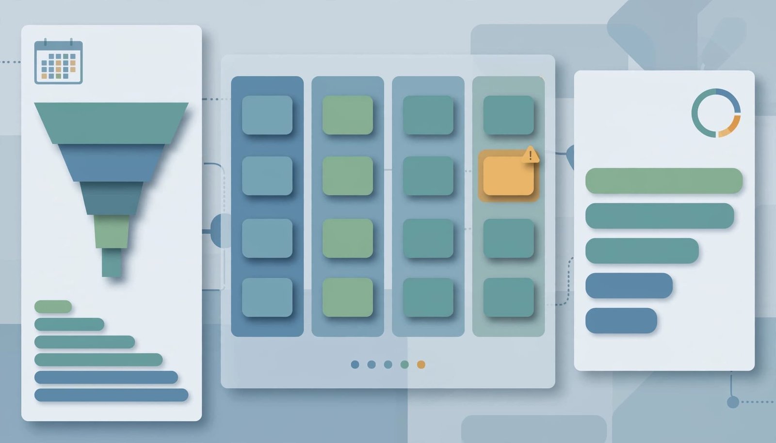 An abstract SaaS analytics dashboard with a funnel, deal stage columns, and a highlighted warning card.