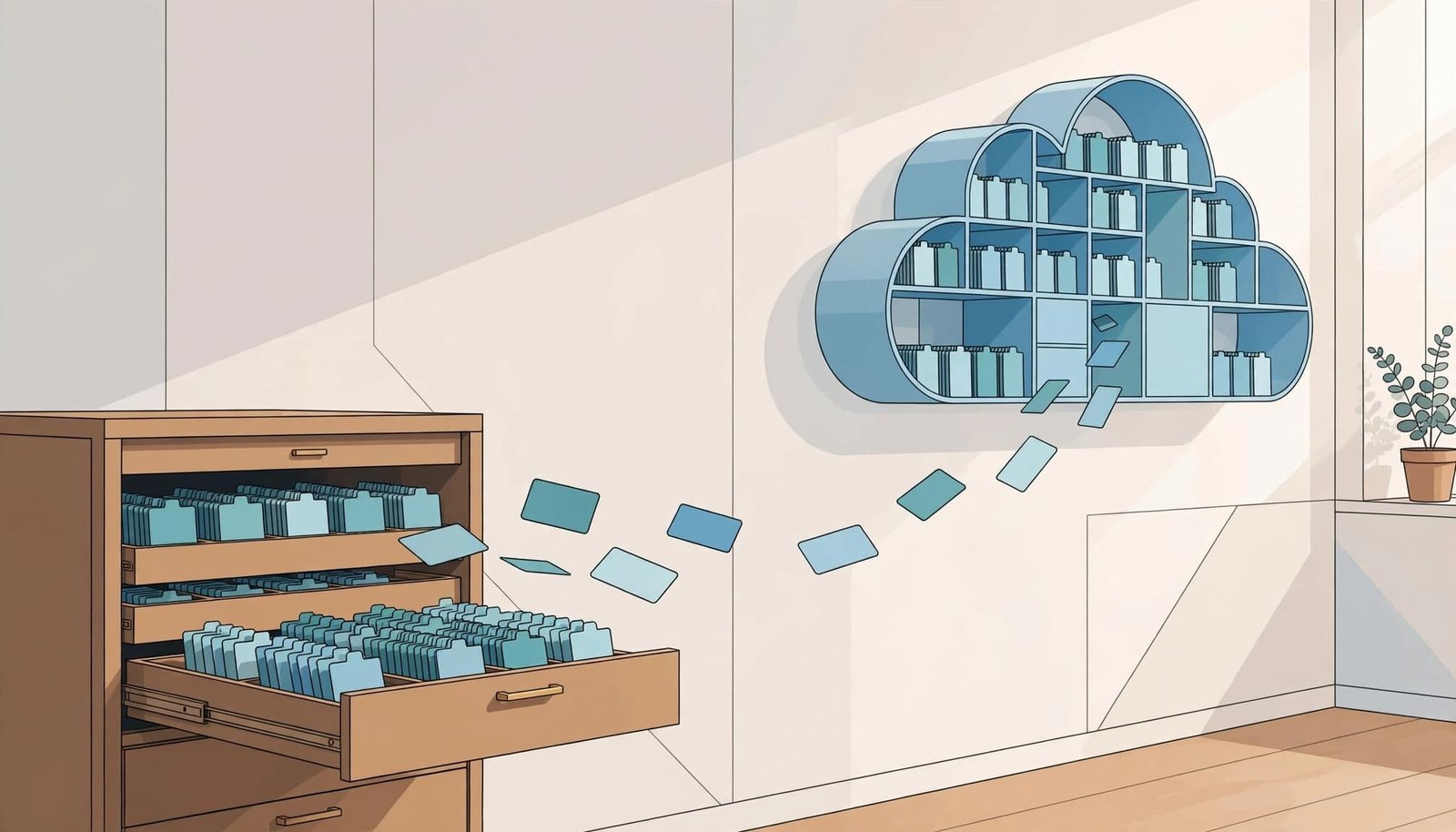 Data cards move from an archive cabinet toward a separate cloud-shaped storage form.