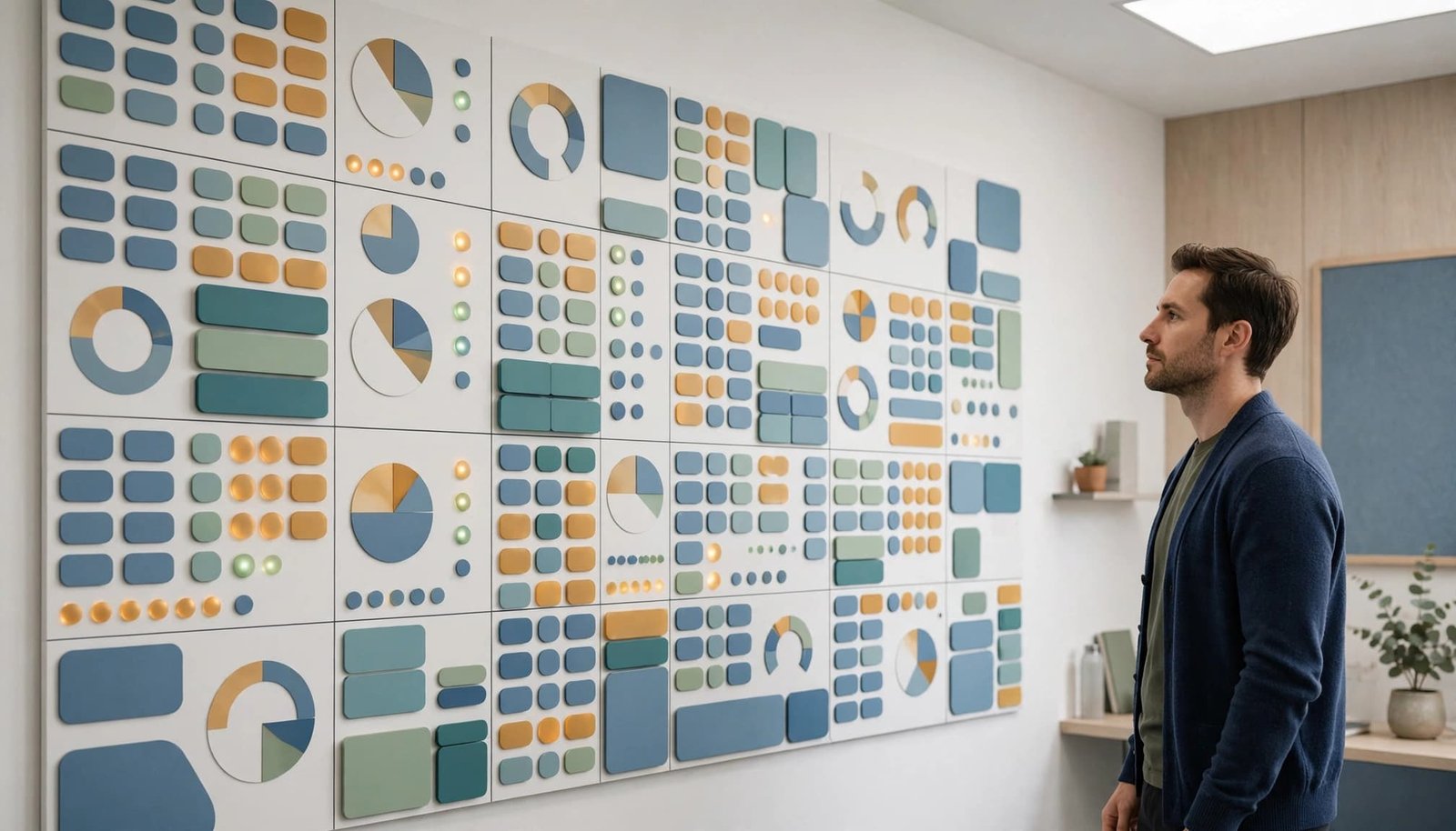 A man in a blue cardigan looks at a large abstract wall display with charts.