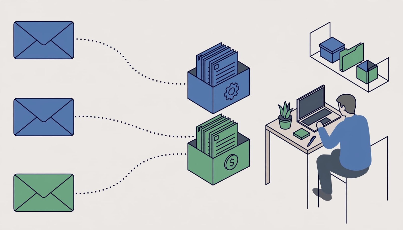 Isometric illustration of support queues receiving emails and an agent working on a laptop.