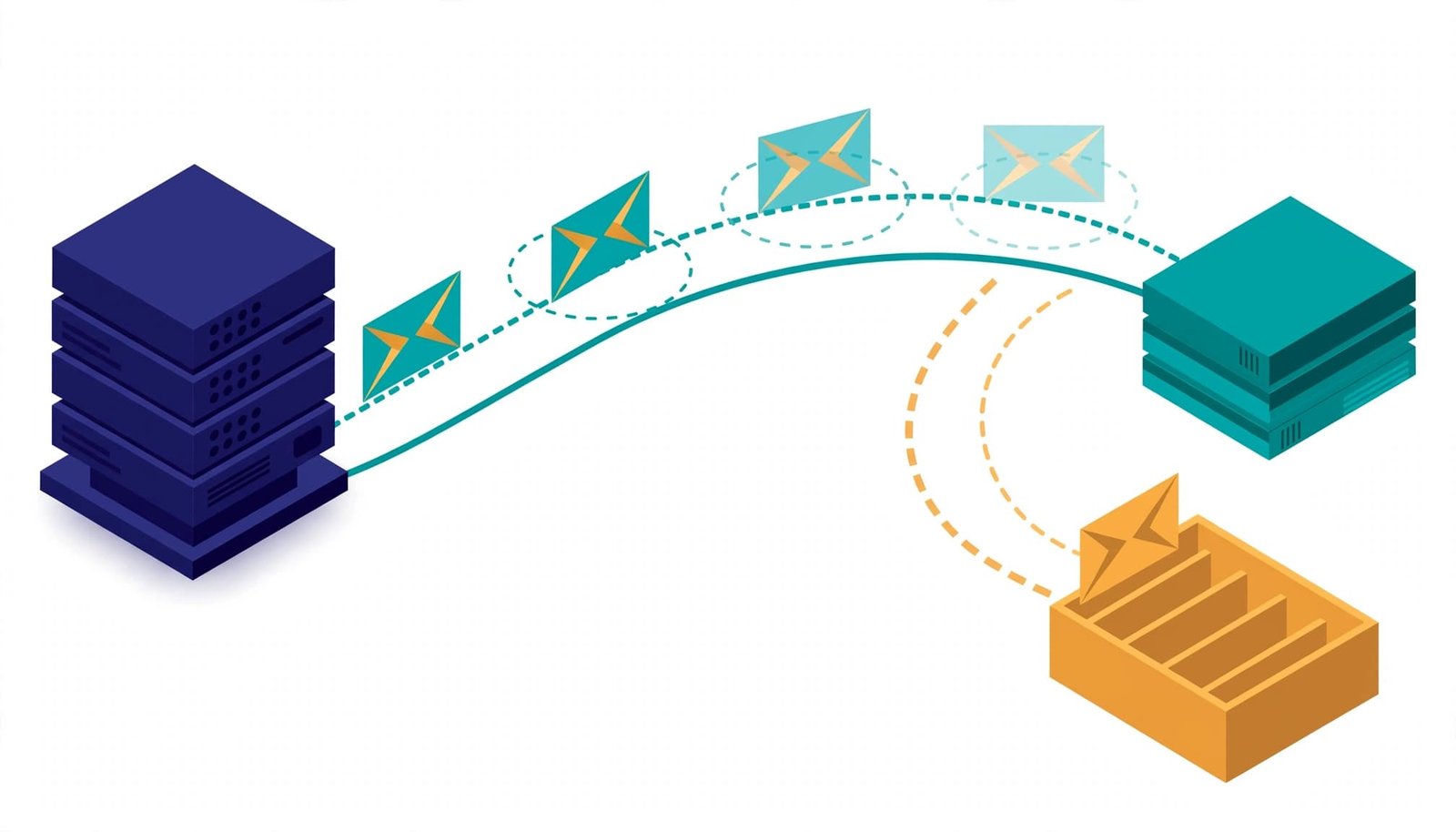 Isometric illustration of a server sending packets along a path to an endpoint and a queue.