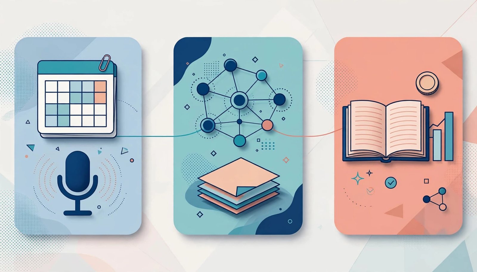 A calendar and microphone connect through data nodes to a revenue ledger.